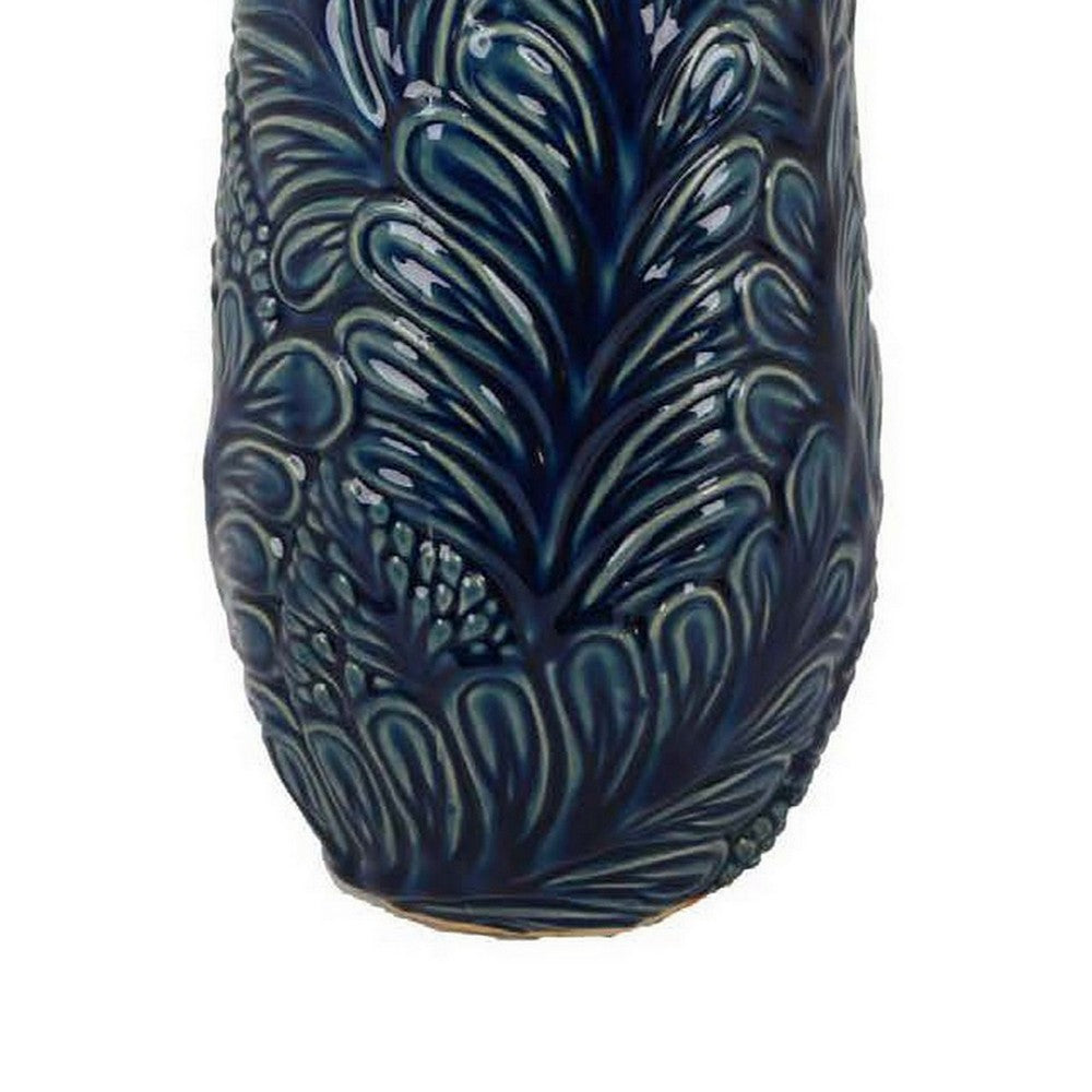 Decorative Vase, 18 Inch Blue Ceramic Body, 3D Textured Floral Pattern -BM331468