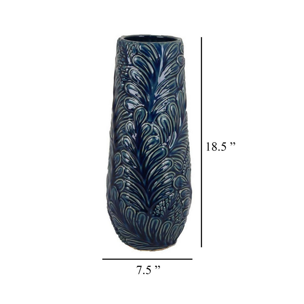 Decorative Vase, 18 Inch Blue Ceramic Body, 3D Textured Floral Pattern -BM331468