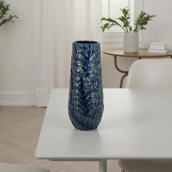 Decorative Vase, 18 Inch Blue Ceramic Body, 3D Textured Floral Pattern -BM331468
