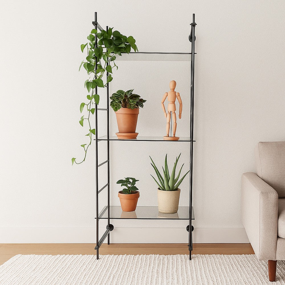 Plant Display Stand, 87 Inch, 3 Shelves Black Metal Ladder Design -BM331473