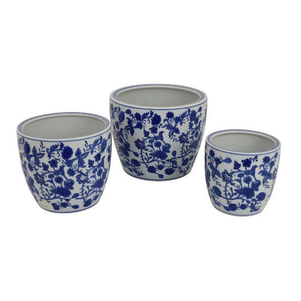 Garden Planter Set of 3, Classical Ceramic Blue White Floral Pattern -BM331479