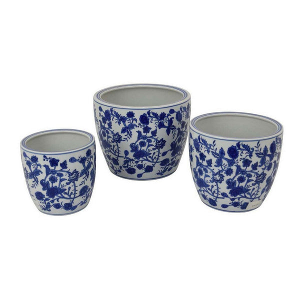 Garden Planter Set of 3, Classical Ceramic Blue White Floral Pattern -BM331479