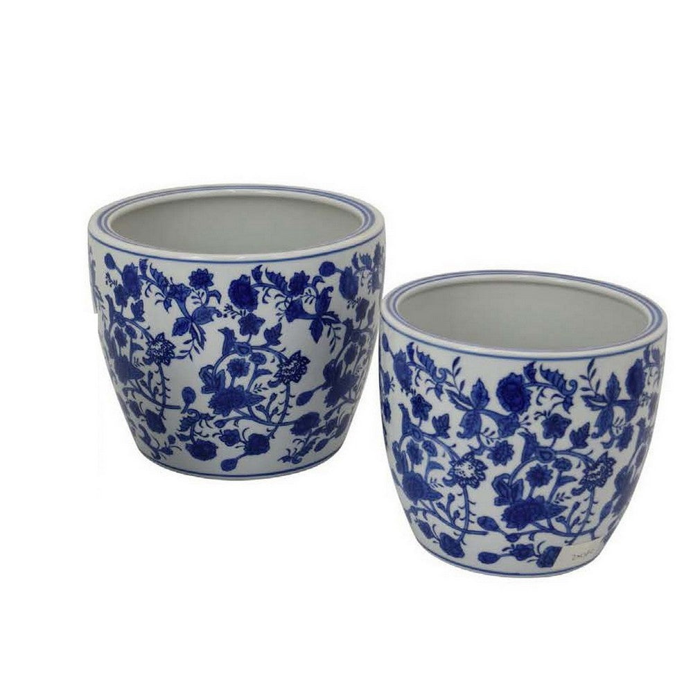 Garden Planter Set of 3, Classical Ceramic Blue White Floral Pattern -BM331479