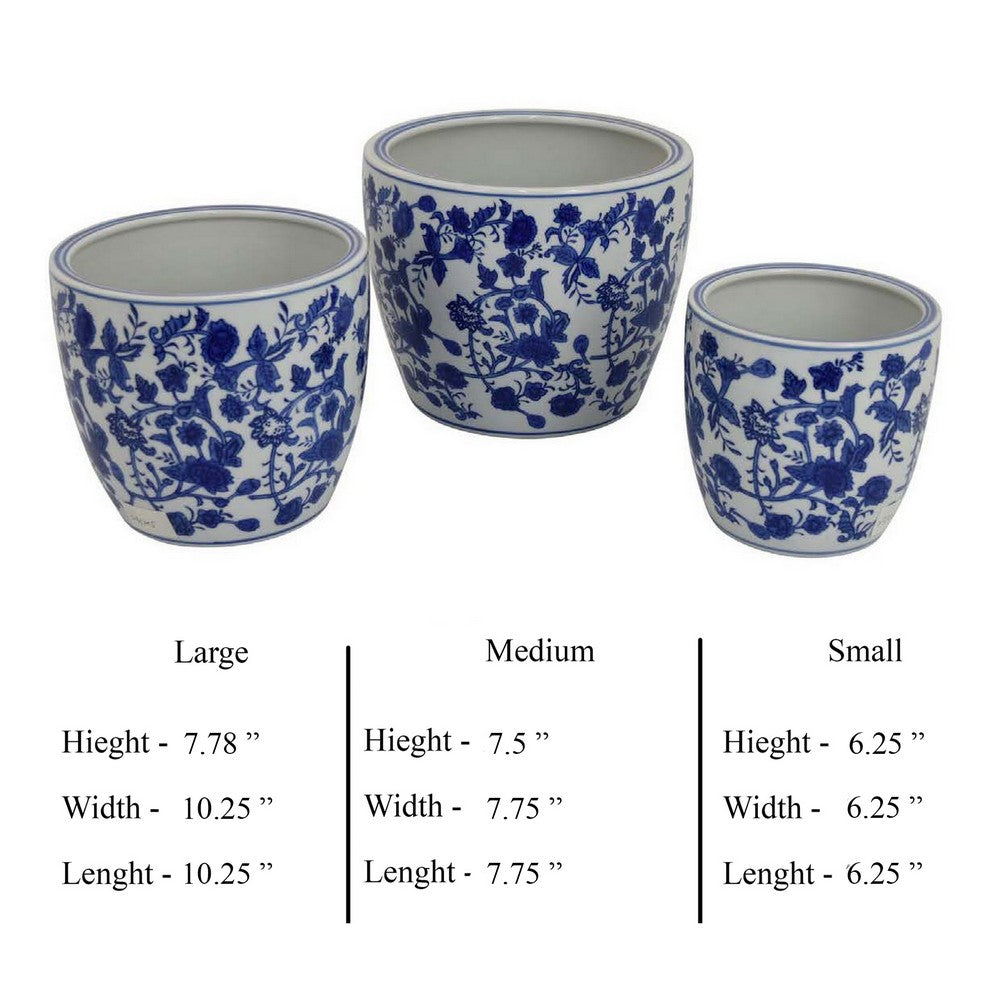 Garden Planter Set of 3, Classical Ceramic Blue White Floral Pattern -BM331479