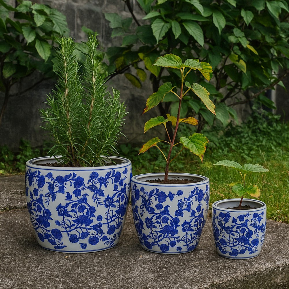Garden Planter Set of 3, Classical Ceramic Blue White Floral Pattern -BM331479