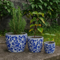 Garden Planter Set of 3, Classical Ceramic Blue White Floral Pattern -BM331479