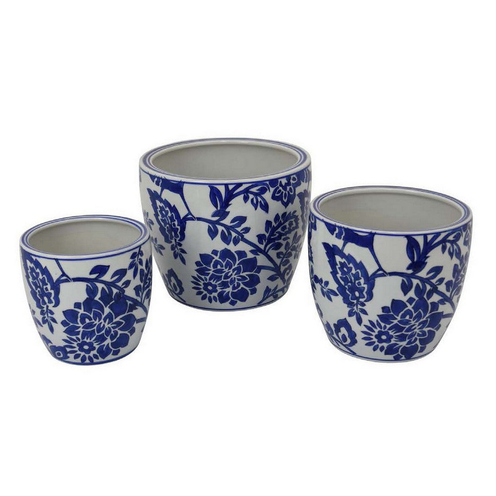 Garden Planter Set of 3, Ceramic Japanese White Blue Floral Pattern -BM331480