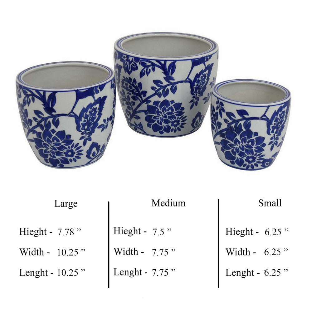 Garden Planter Set of 3, Ceramic Japanese White Blue Floral Pattern -BM331480