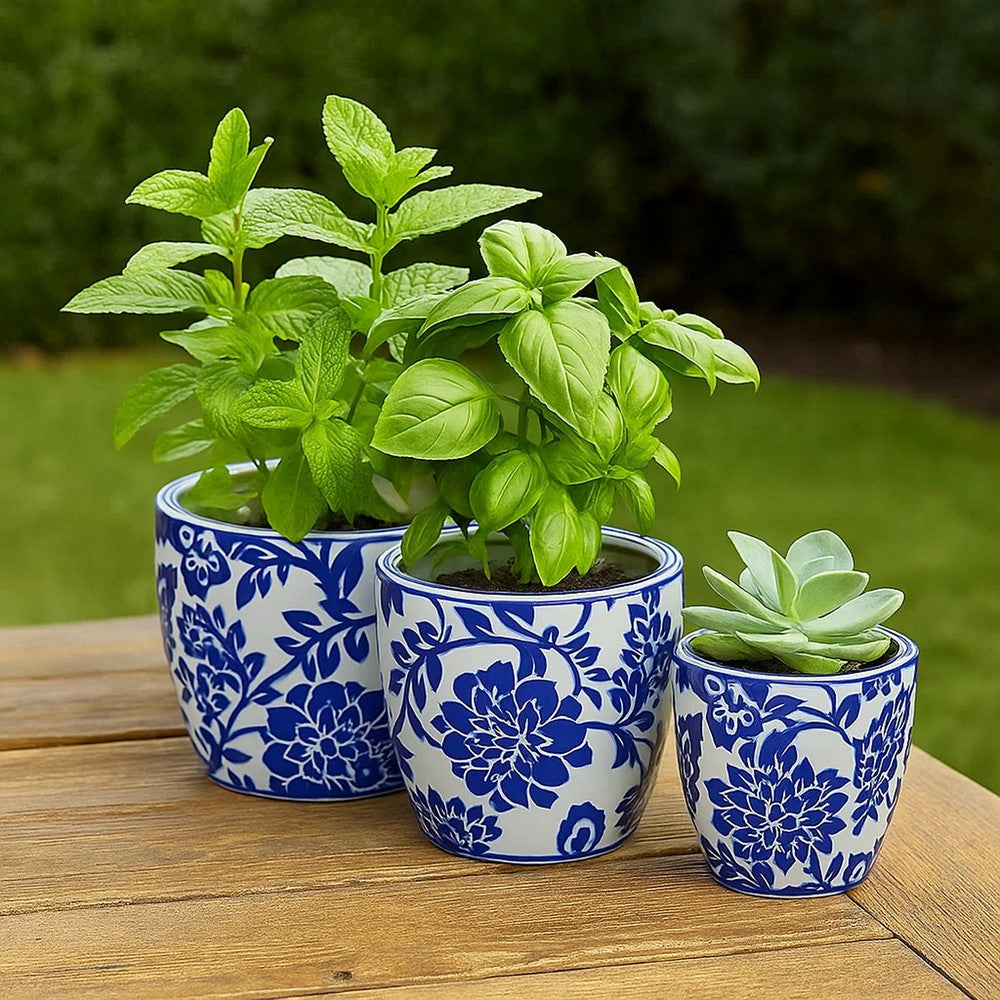 Garden Planter Set of 3, Ceramic Japanese White Blue Floral Pattern -BM331480