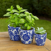 Garden Planter Set of 3, Ceramic Japanese White Blue Floral Pattern -BM331480