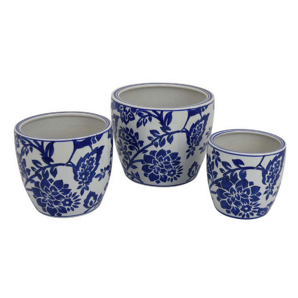 Garden Planter Set of 3, Ceramic Japanese White Blue Floral Pattern -BM331480