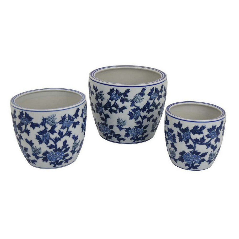 Garden Planter Set of 3, Vintage Style White Blue Floral Ceramic -BM331481