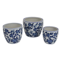 Garden Planter Set of 3, Vintage Style White Blue Floral Ceramic -BM331481