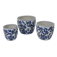 Garden Planter Set of 3, Vintage Style White Blue Floral Ceramic -BM331481