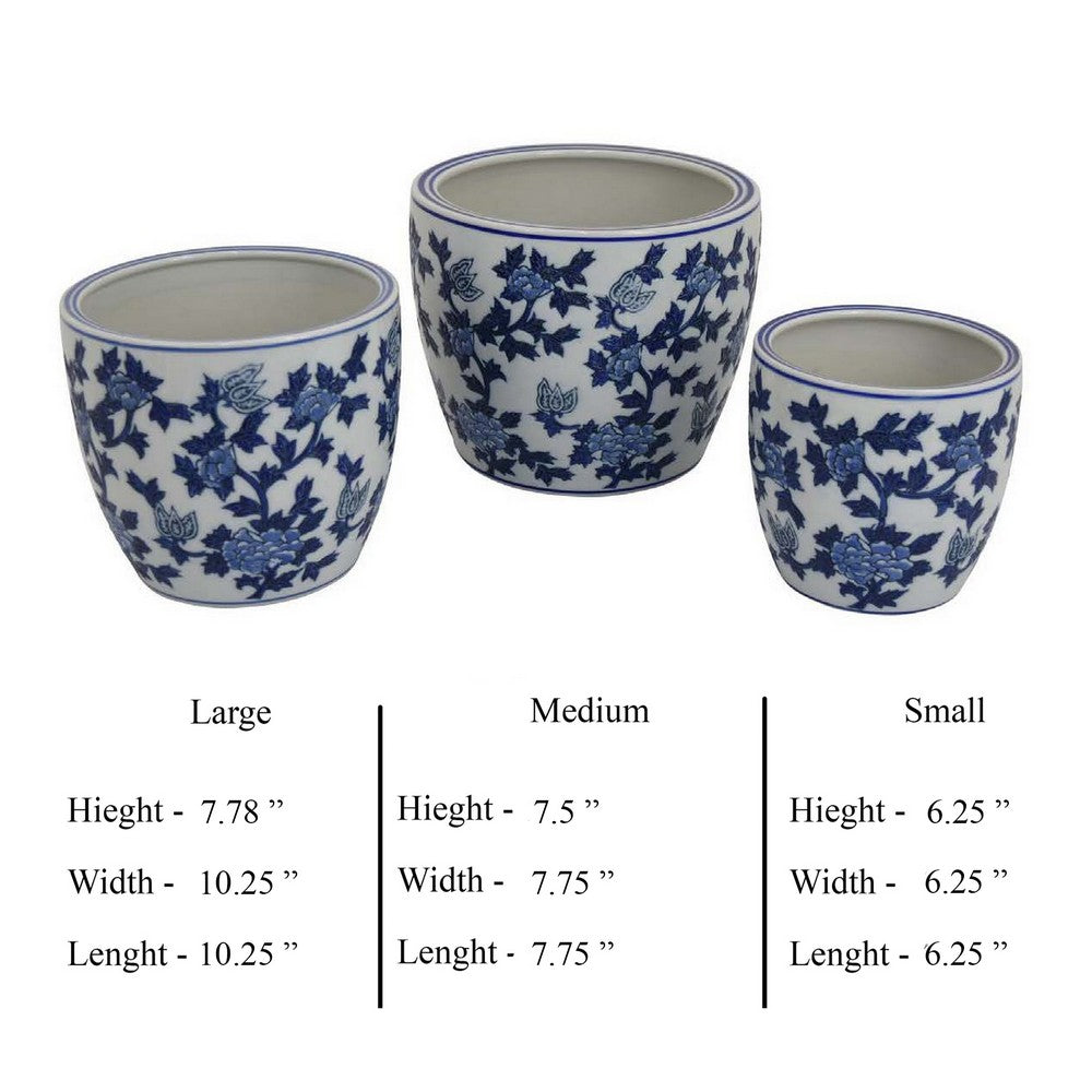 Garden Planter Set of 3, Vintage Style White Blue Floral Ceramic -BM331481