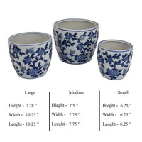 Garden Planter Set of 3, Vintage Style White Blue Floral Ceramic -BM331481