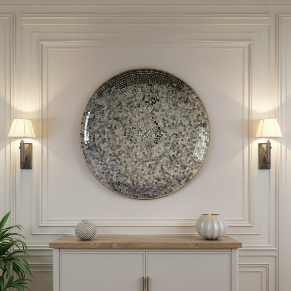 Qwin Decorative Wall Platter, 24 Inch Mirror Mosaic Pattern in Gray -BM331485