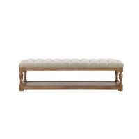 Xena Bench, 59 Inch Tufted Padded White Linen Top, Solid Wood Base -BM331995