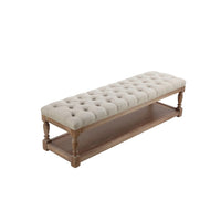 Xena Bench, 59 Inch Tufted Padded White Linen Top, Solid Wood Base -BM331995