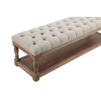 Xena Bench, 59 Inch Tufted Padded White Linen Top, Solid Wood Base -BM331995