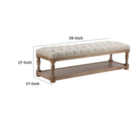 Xena Bench, 59 Inch Tufted Padded White Linen Top, Solid Wood Base -BM331995