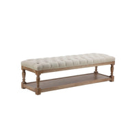 Xena Bench, 59 Inch Tufted Padded White Linen Top, Solid Wood Base -BM331995