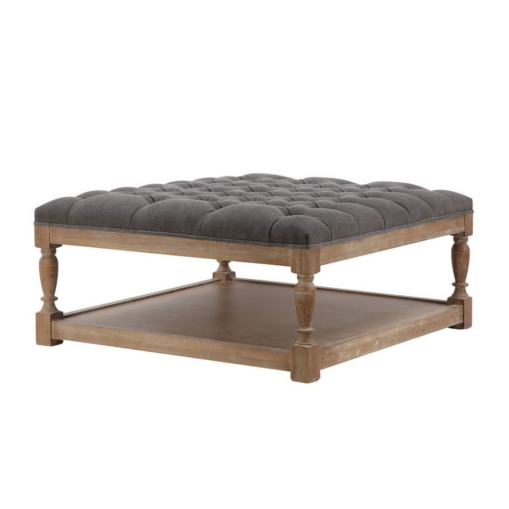 Xena Coffee Table, 36 Inch Tufted Frost Gray Upholstery, Solid Wood -BM331996