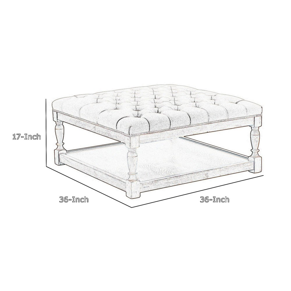 Xena Coffee Table, 36 Inch Tufted Frost Gray Upholstery, Solid Wood -BM331996