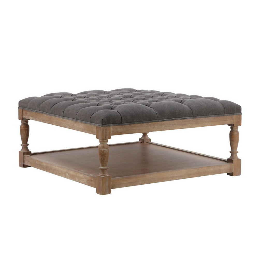 Xena Coffee Table, 36 Inch Tufted Frost Gray Upholstery, Solid Wood -BM331996