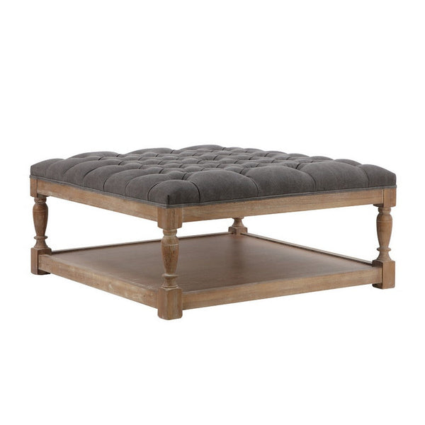 Xena Coffee Table, 36 Inch Tufted Frost Gray Upholstery, Solid Wood -BM331996