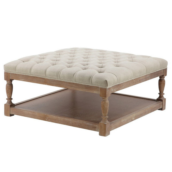 Xena Coffee Table, 36 Inch Tufted Natural White Upholstery, Solid Wood -BM331997