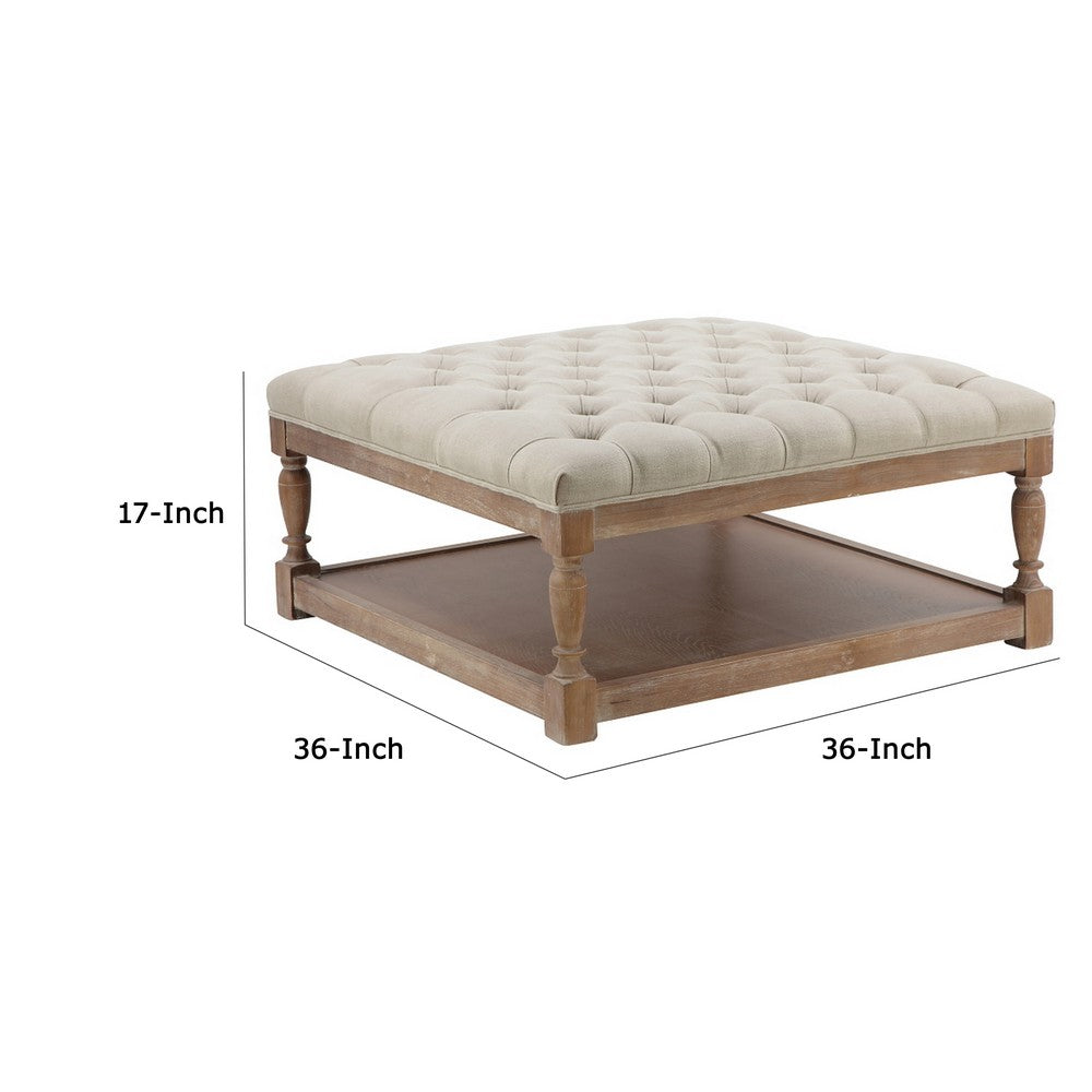Xena Coffee Table, 36 Inch Tufted Natural White Upholstery, Solid Wood -BM331997
