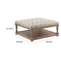 Xena Coffee Table, 36 Inch Tufted Natural White Upholstery, Solid Wood -BM331997