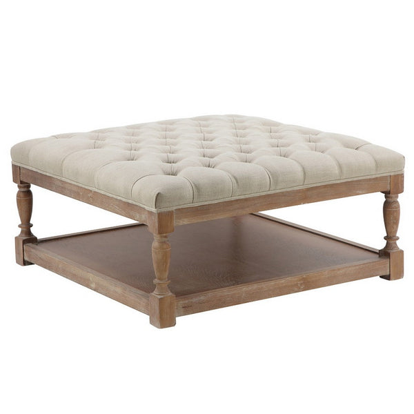 Xena Coffee Table, 36 Inch Tufted Natural White Upholstery, Solid Wood -BM331997