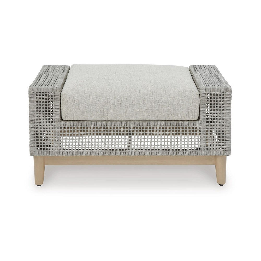 Yami Outdoor Ottoman, 35 Inch, Gray Woven Resin Wicker, Cushioned Seat -BM332209