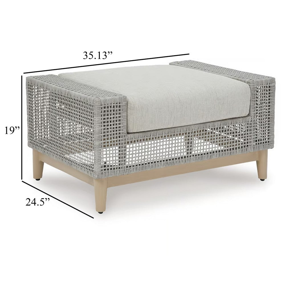 Yami Outdoor Ottoman, 35 Inch, Gray Woven Resin Wicker, Cushioned Seat -BM332209