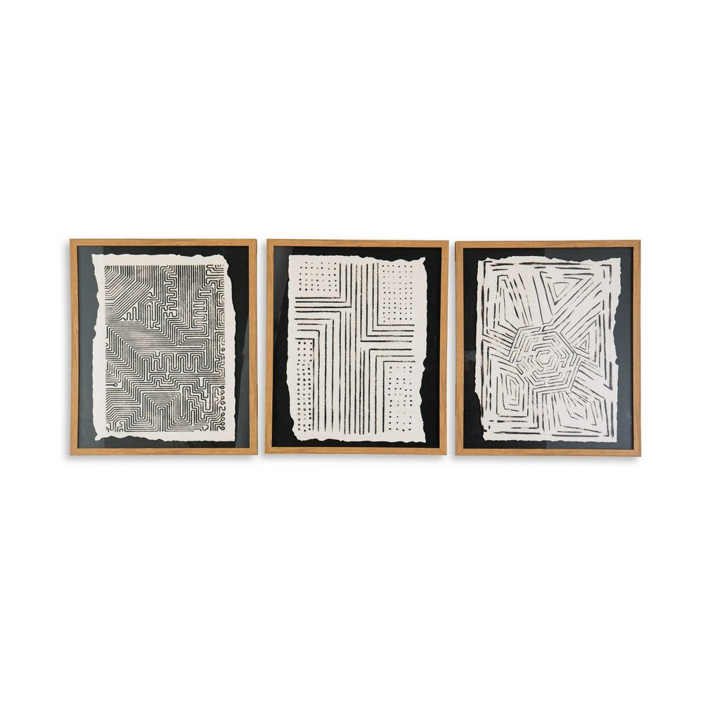 Salina Wall Art Decor Set of 3, Black Beige Abstract Framed, 20x24 -BM332306