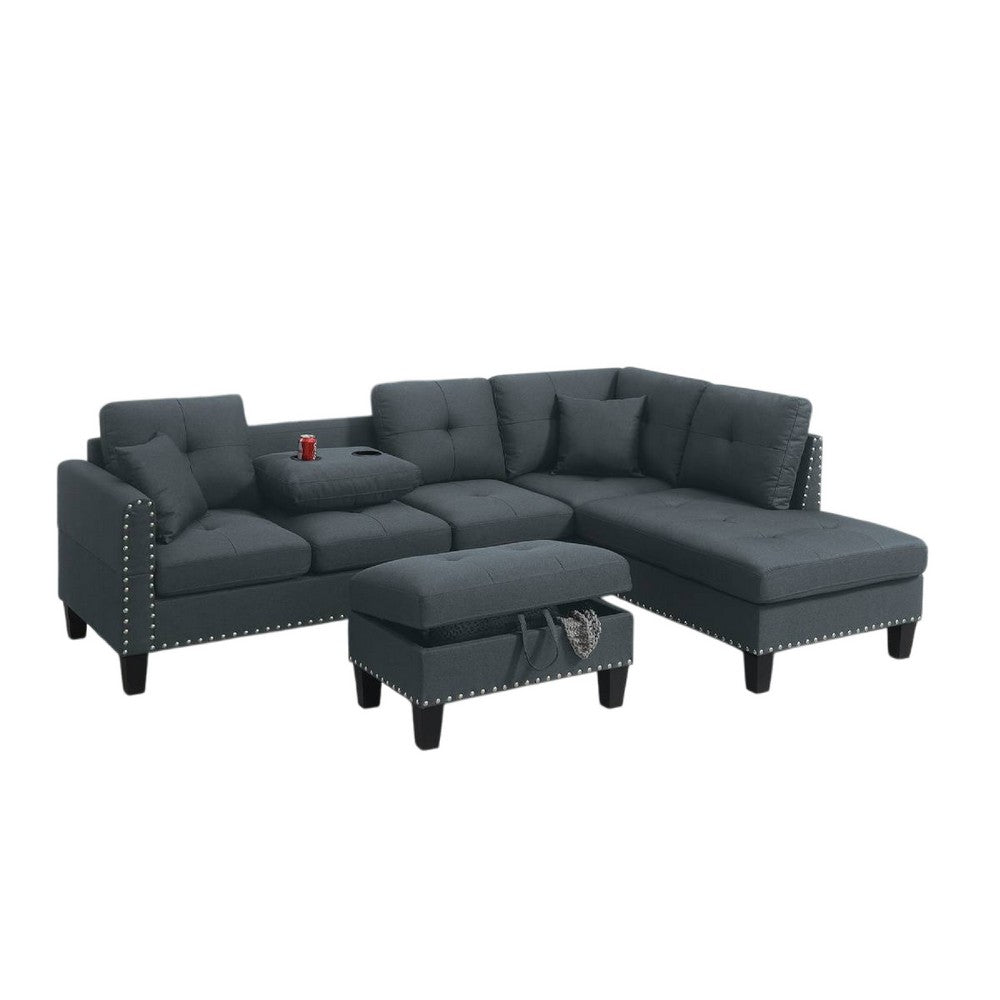 Rema 3pc Sectional Sofa, Chaise, Ottoman, 2 Pillows, Dark Gray Linen - BM332377