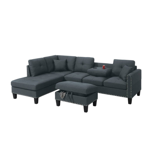 Rema 3pc Sectional Sofa, Chaise, Ottoman, 2 Pillows, Dark Gray Linen - BM332377