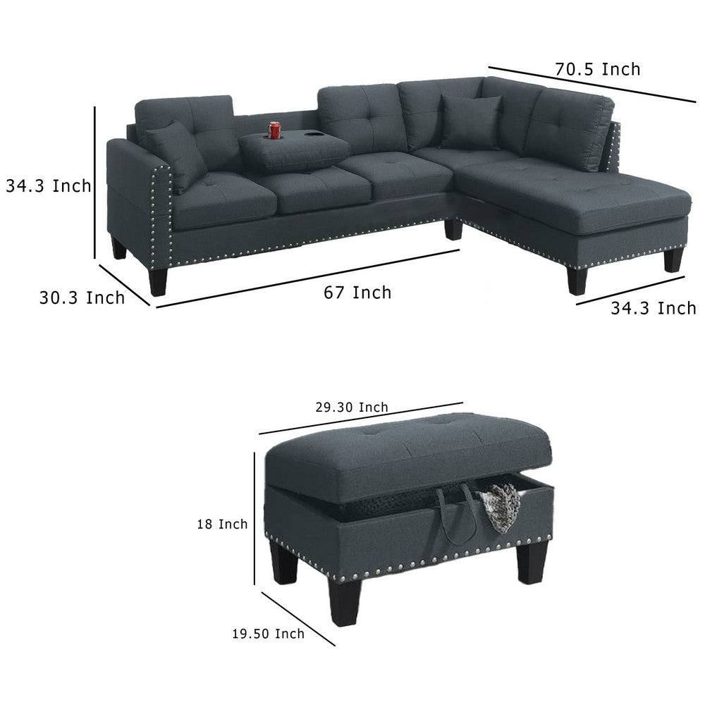 Rema 3pc Sectional Sofa, Chaise, Ottoman, 2 Pillows, Dark Gray Linen - BM332377