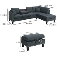 Rema 3pc Sectional Sofa, Chaise, Ottoman, 2 Pillows, Dark Gray Linen - BM332377