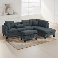 Rema 3pc Sectional Sofa, Chaise, Ottoman, 2 Pillows, Dark Gray Linen - BM332377