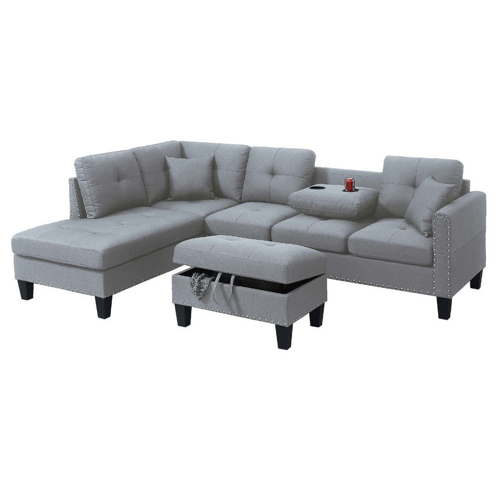 Rema 3pc Sectional Sofa, Chaise, Ottoman, 2 Pillows, Light Gray Linen - BM332378