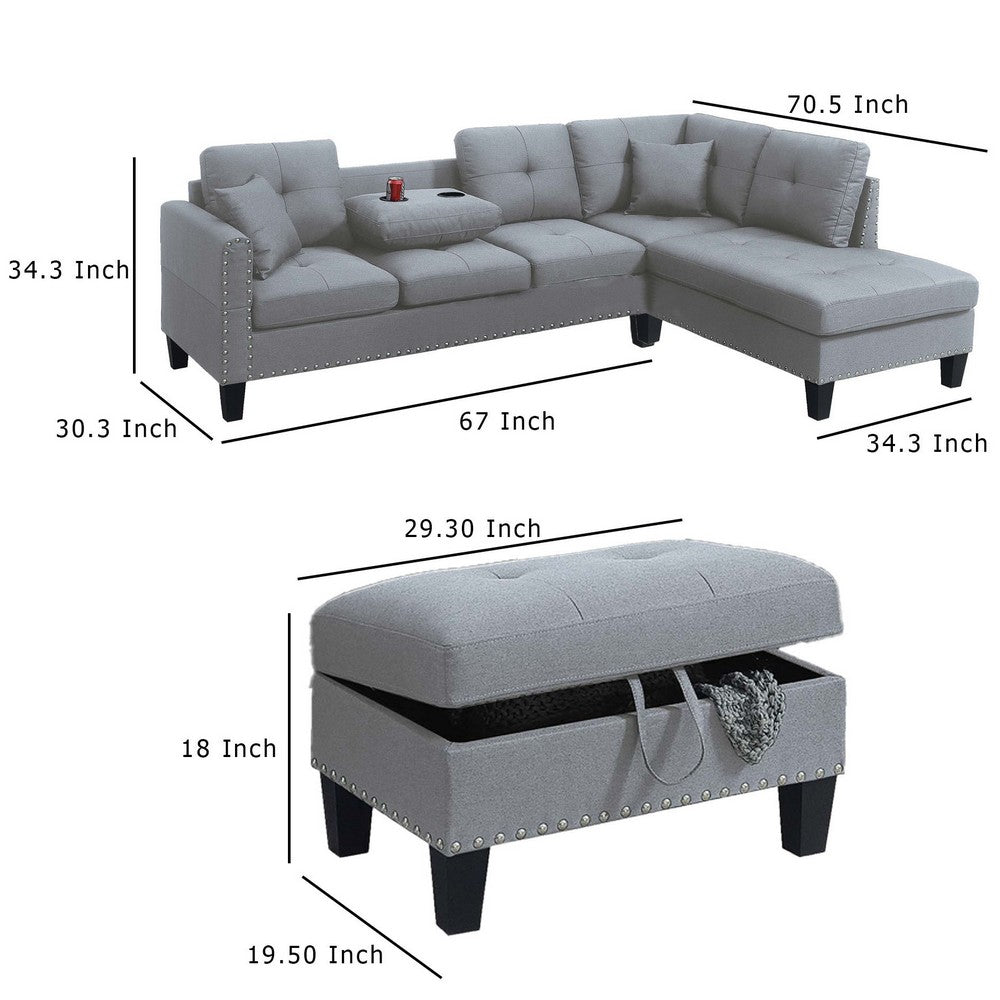 Rema 3pc Sectional Sofa, Chaise, Ottoman, 2 Pillows, Light Gray Linen - BM332378