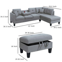 Rema 3pc Sectional Sofa, Chaise, Ottoman, 2 Pillows, Light Gray Linen - BM332378