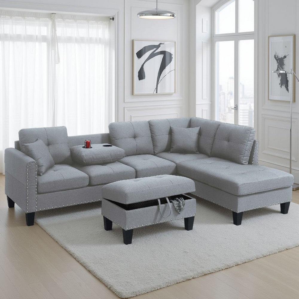 Rema 3pc Sectional Sofa, Chaise, Ottoman, 2 Pillows, Light Gray Linen - BM332378