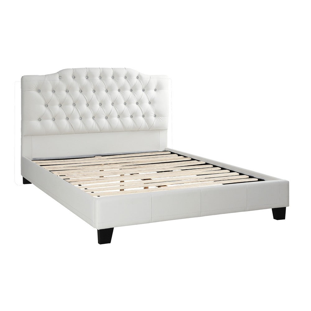 Full Size Bed, Tufted Curved, White Faux Leather Upholstered Pine Wood - BM332384