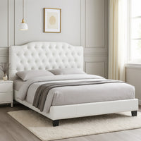 Full Size Bed, Tufted Curved, White Faux Leather Upholstered Pine Wood - BM332384