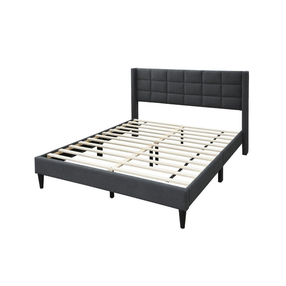 Meno Queen Size Bed, Square Stitched Charcoal Gray Linen Upholstery -BM332427