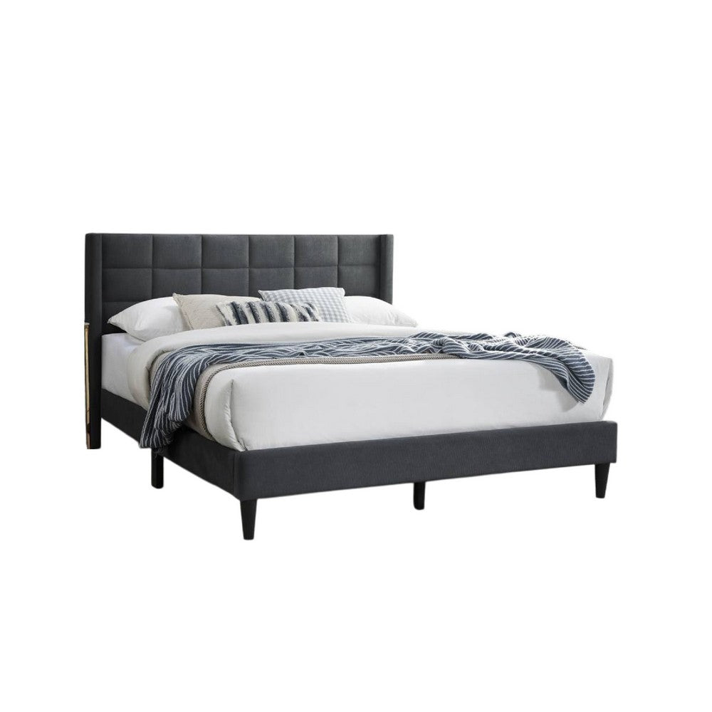 Meno Queen Size Bed, Square Stitched Charcoal Gray Linen Upholstery -BM332427